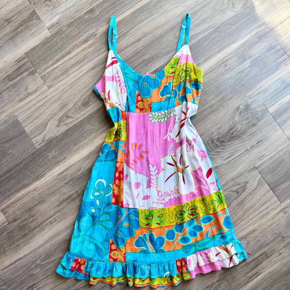 Jam World Tropical Patchwork Floral Sundress Ruffle Hem Spaghetti Strap Midi L